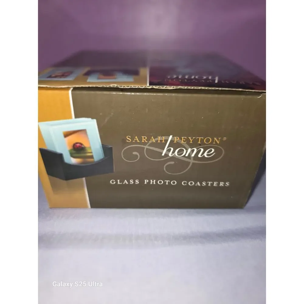Glass photo coasters with wood holder Sarah Peyton Home set of 4